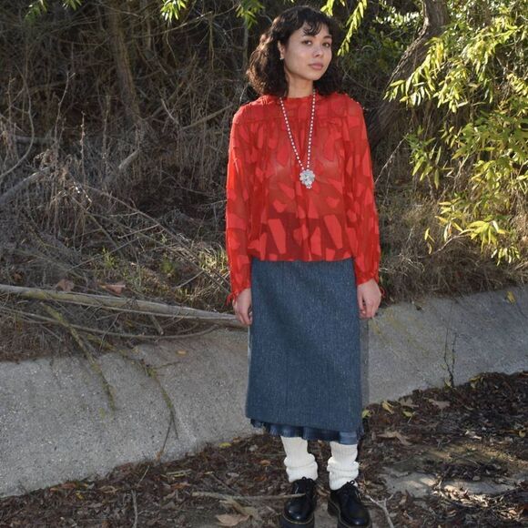 Le Fou Wilfred Sheer Ruffle Neck Geometric Red Long Sleeve Blouse- XXS - Picture 1 of 8